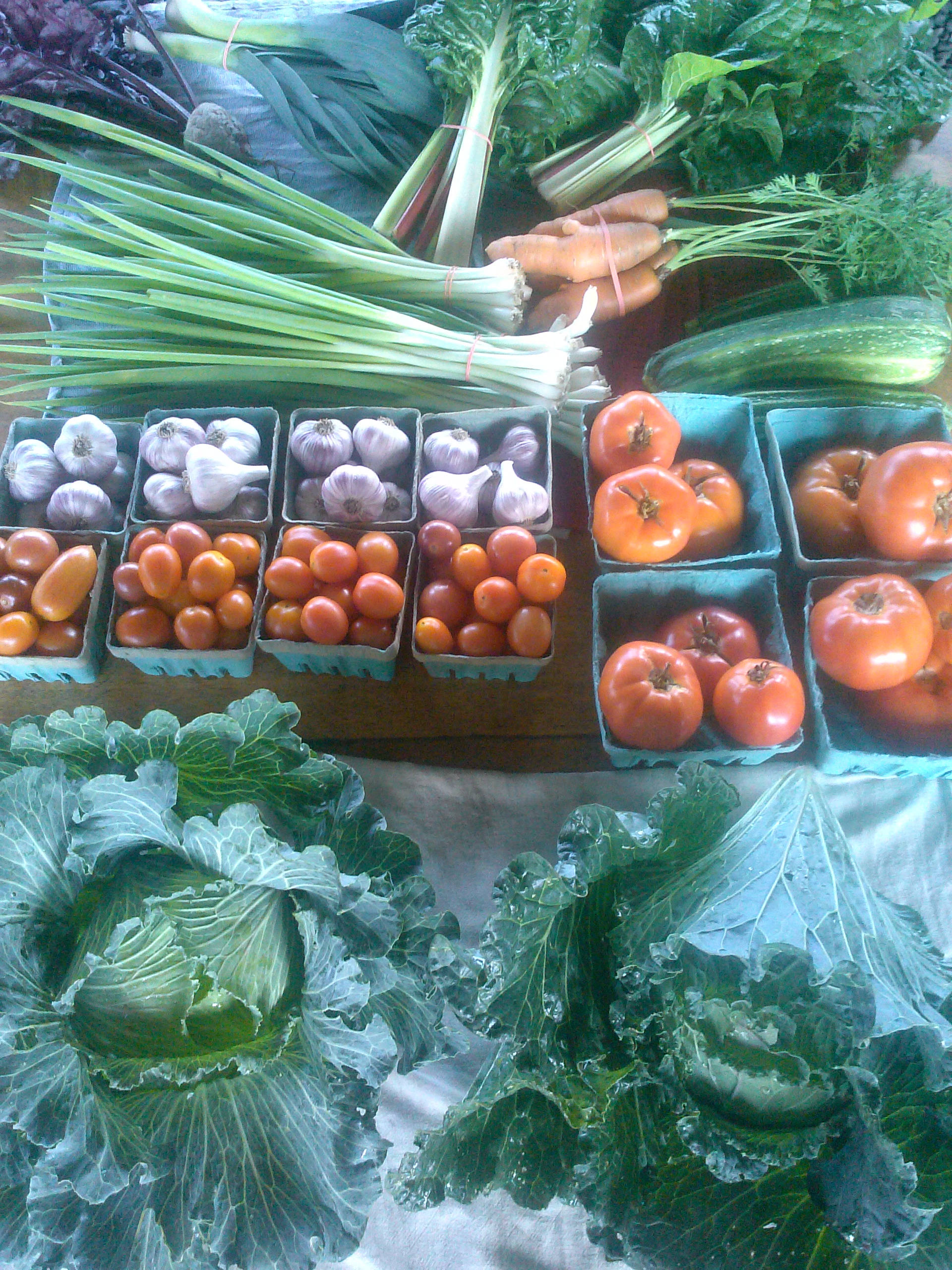 Assorted bunches and pints of veggies on the table ready for pick-up